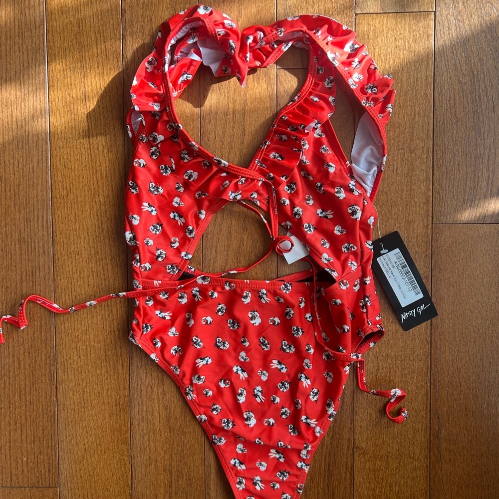 Nasty Gal Red Floral One Piece Swimsuit